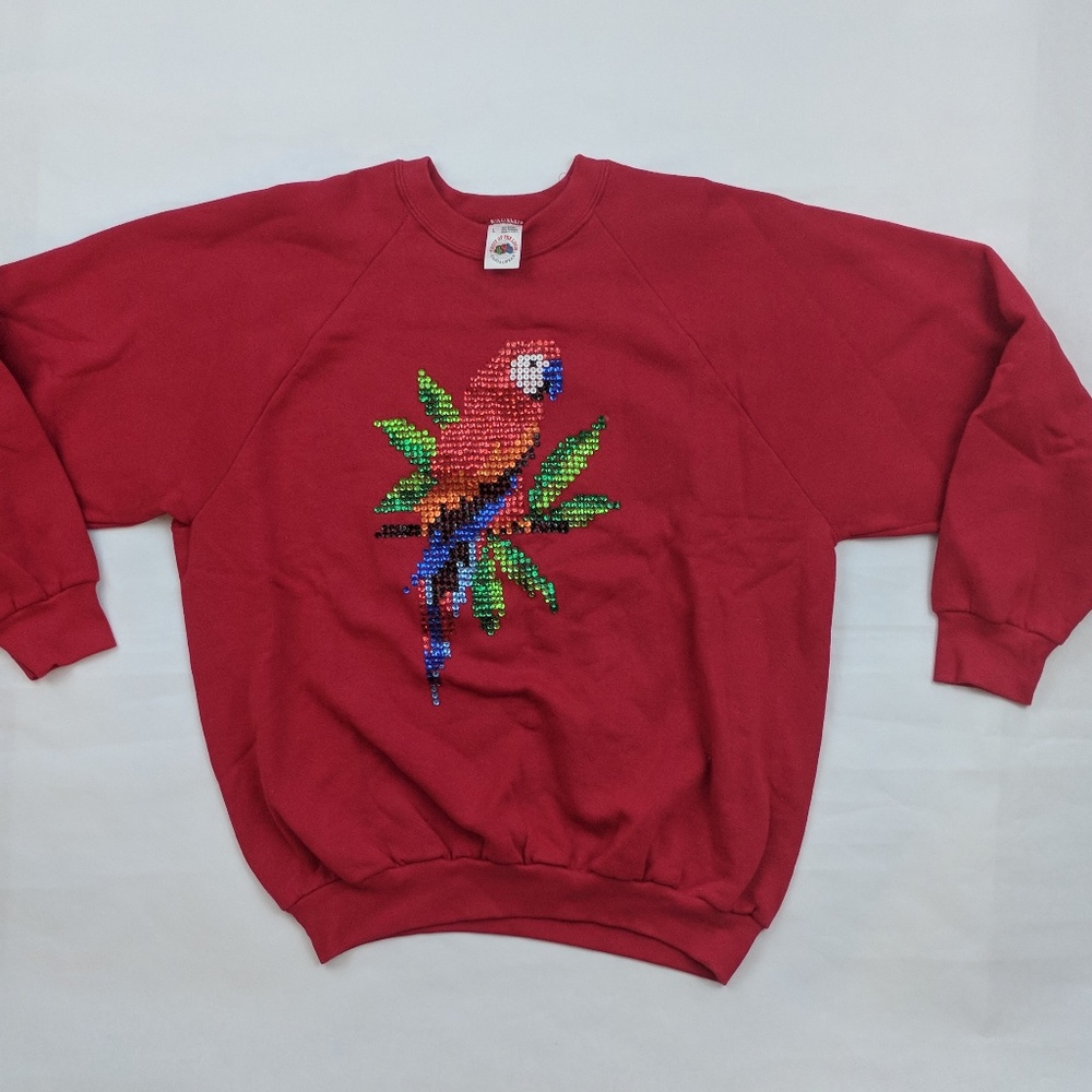 Vintage Sequins Parrot Sweatshirt Red Large